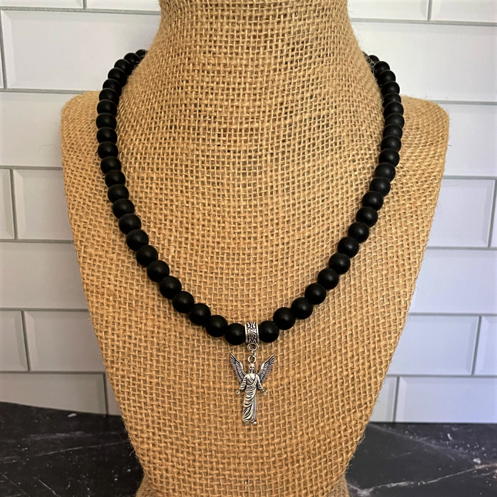 Mens Matte Black Onyx and Silver Arc Angel Beaded Necklace | JaeBee