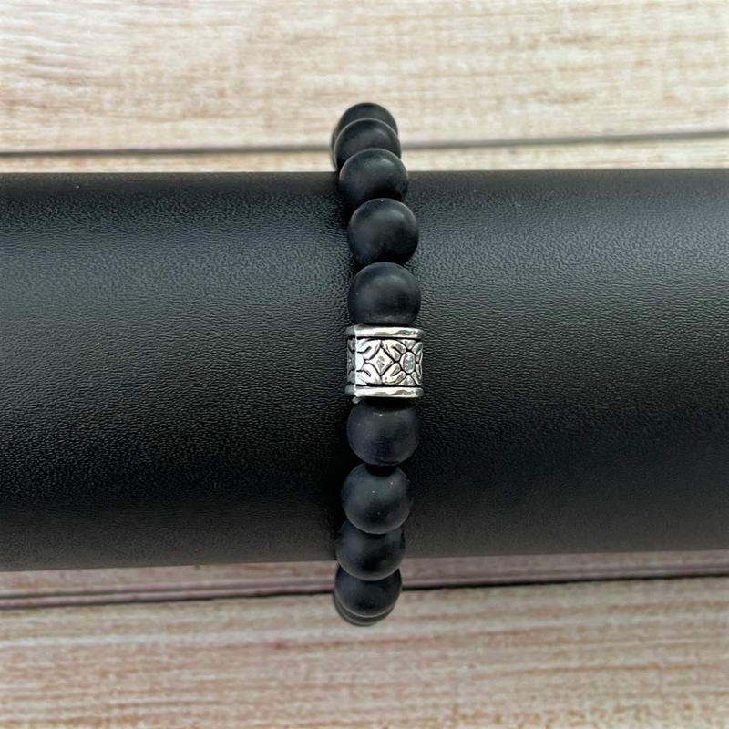 Mens Matte Black Onyx Beaded Bracelet with Silver Bead-Beaded Bracelets,Black,Black Onyx,Matte,mens