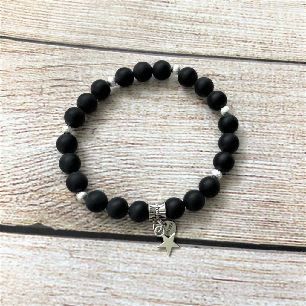 Black Onyx Matte and Silver Star Beaded Bracelet-Beaded Bracelets,Black Onyx