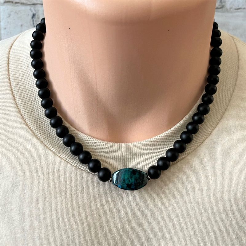Mens Matte Black Onyx and Yellow Turquoise Stone Necklace