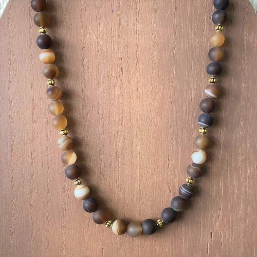 Brown Matte Agate and Gold Beaded Mens Necklace-Agate,Beaded Necklaces,Brown,Mens