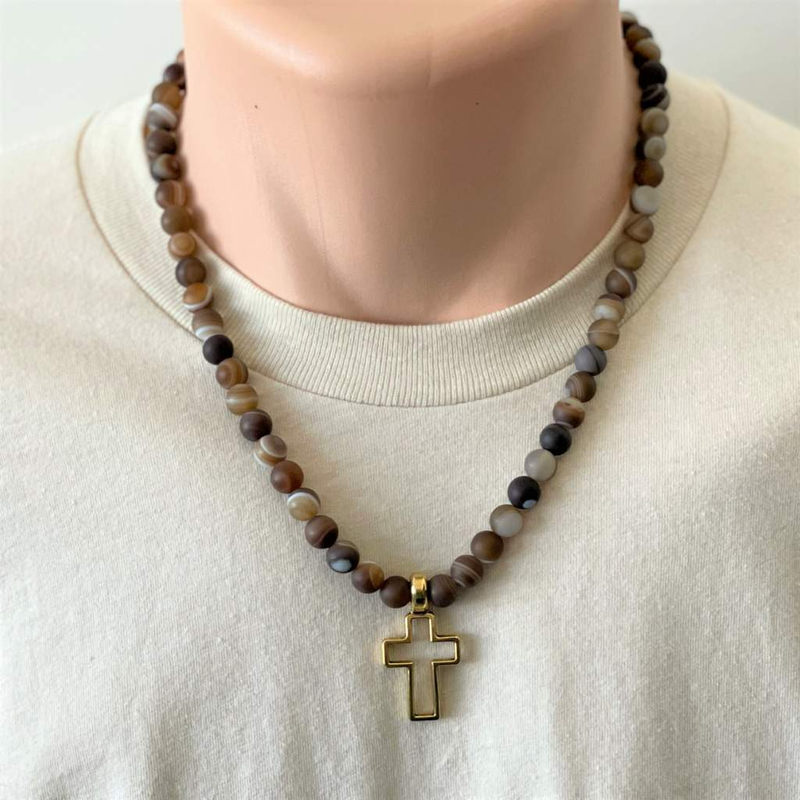 Brown Matte Agate and Gold Cross Mens Necklace-Agate,Brown,Cross,Matte,mens,Necklaces,Religious,Saint
