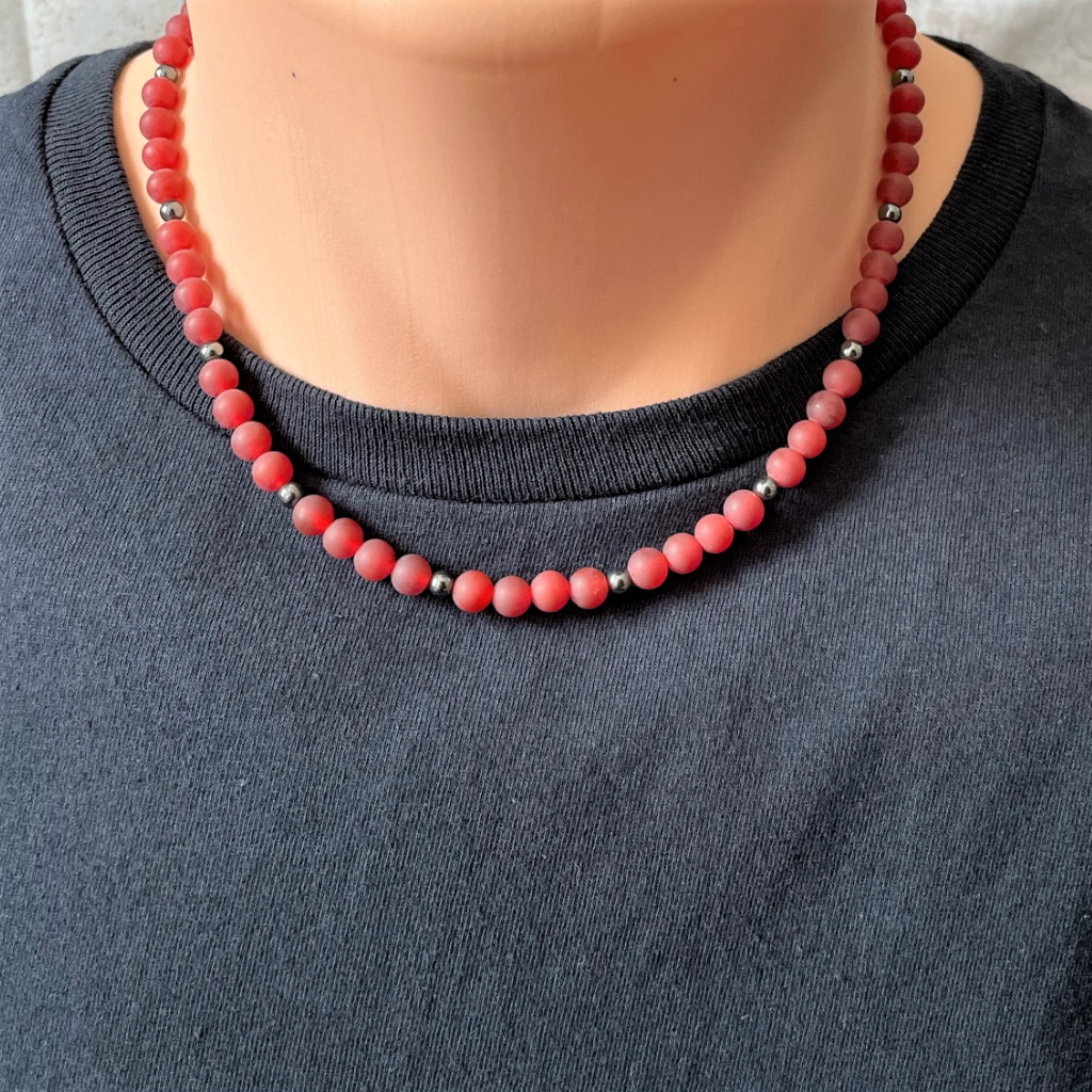 Matte Carnelian and Hematite Mens Beaded Necklace