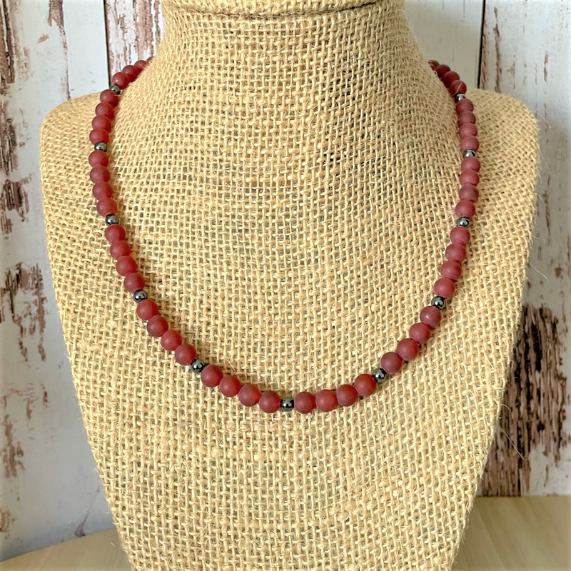Matte 6mm Carnelian and Hematite Mens Beaded Necklace