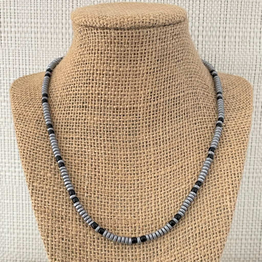 Silver Matte Hematite and Black Toho Beaded Necklace