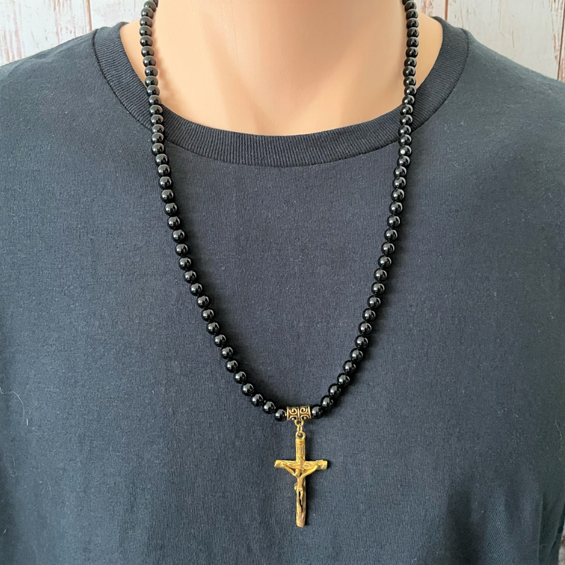 Mens Black Onyx 6mm and Gold Jesus Cross Beaded Necklace, religious