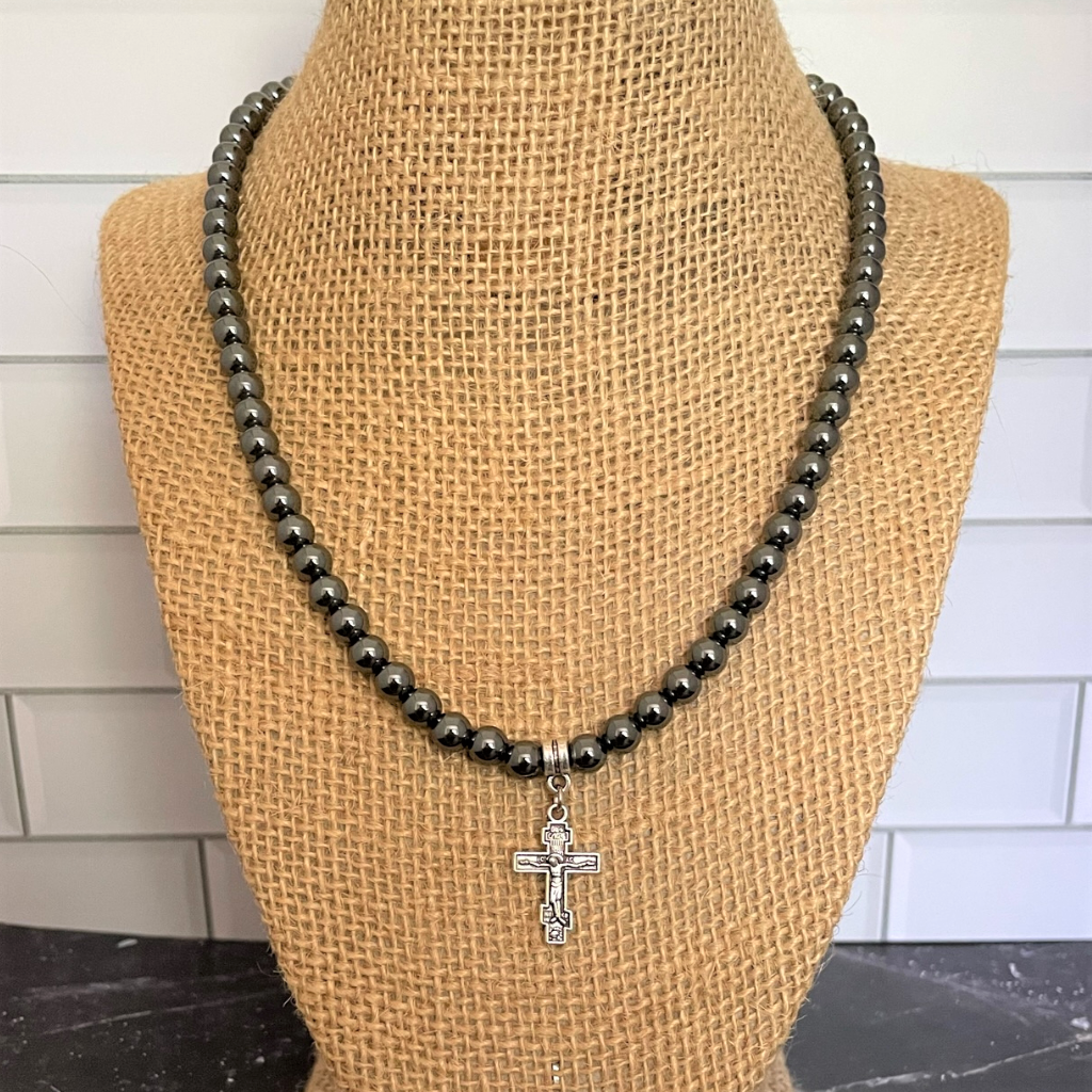 Mens Hematite and Silver Cross 6mm Beaded Necklace