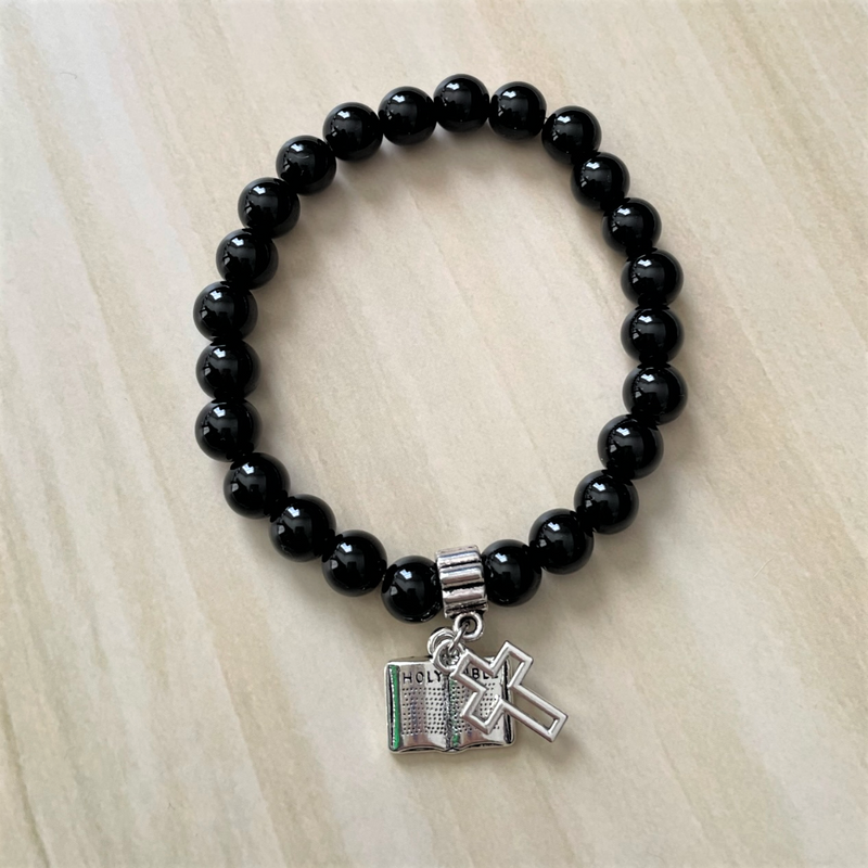 Mens Black Onyx and Silver Cross and Bible Charm Beaded Bracelet