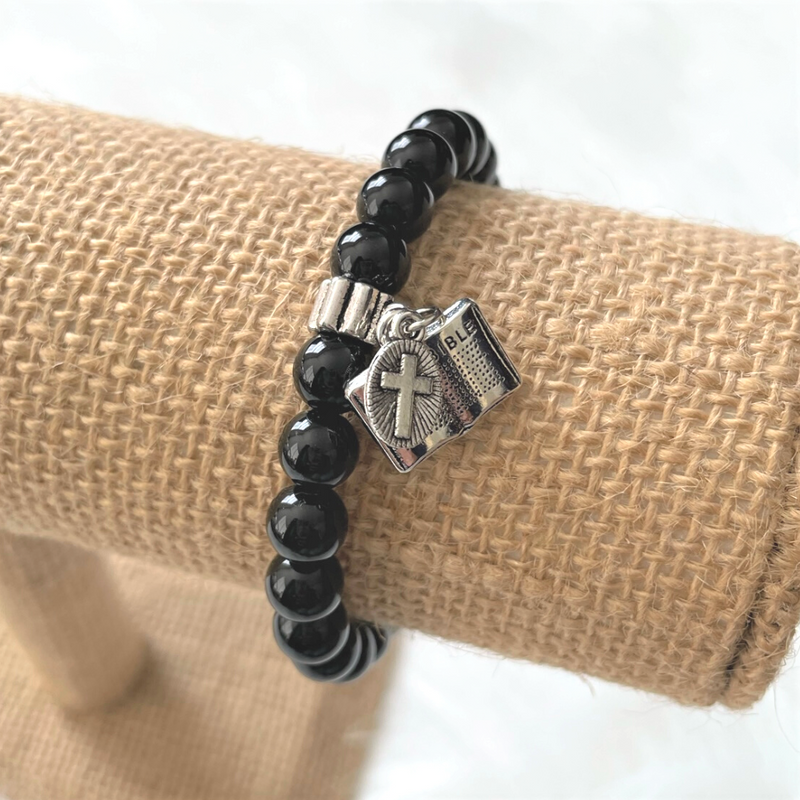 Mens Black Onyx Bracelet with Silver Bible and Cross