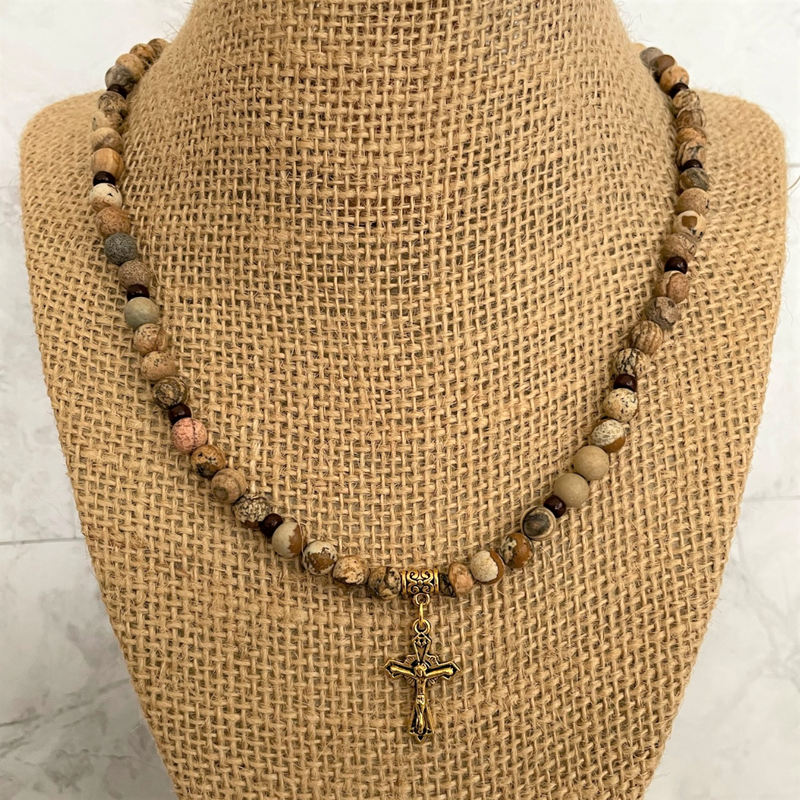 Picture Jasper and Brown Toho Gold Cross Beaded Mens Necklace, religious