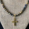 Artistic Stone Mens Gold Cross and Beaded Necklace-Beaded Necklaces,Brown,Cross,Gold,Mens,Religious