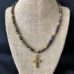 Artistic Stone Mens Gold Cross and Beaded Necklace-Beaded Necklaces,Brown,Cross,Gold,Mens,Religious