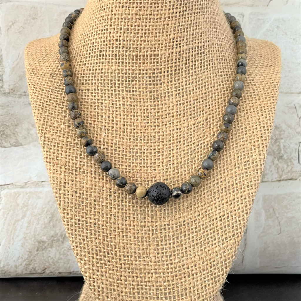 Artistic Stone and Black Lava Mens 6mm Beaded Necklace