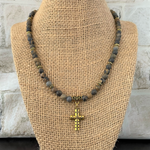 Matte Artistic Stone 6mm and Gold Cross Mens Beaded Necklace