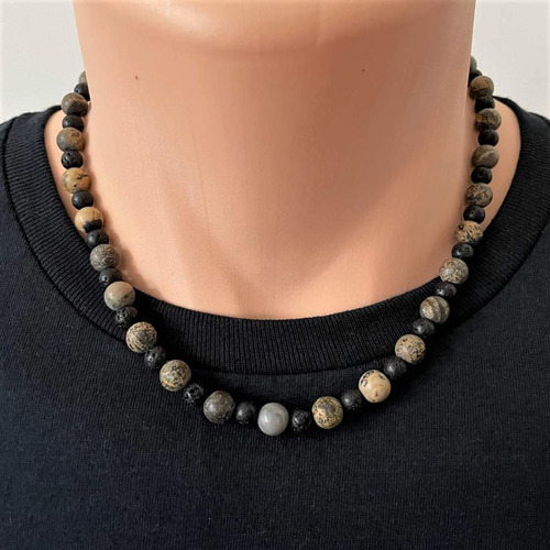 Mens Artistic Matte Stone and Black Lava Beaded Necklace-Black,Brown,Gray,Lava,mens,Necklaces