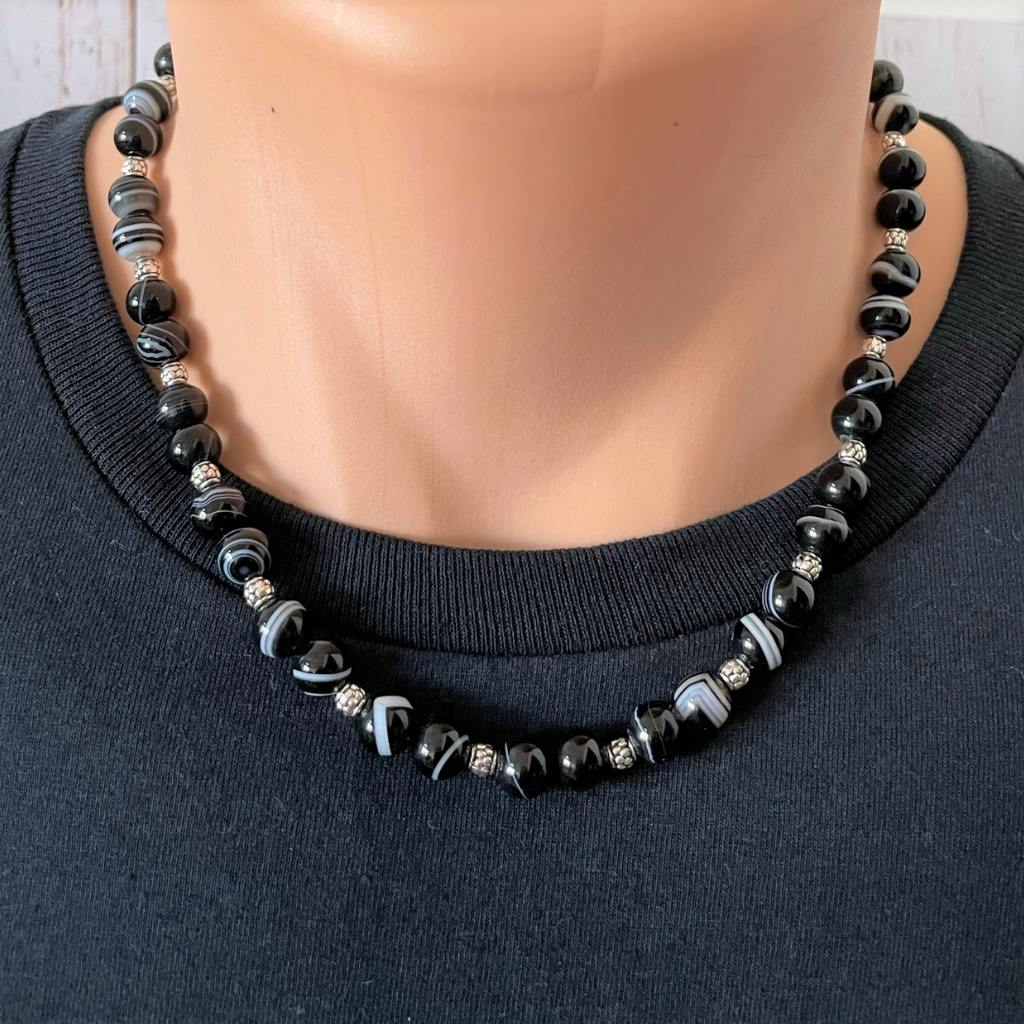 Mens Black and White Striped Agate Beaded Necklace
