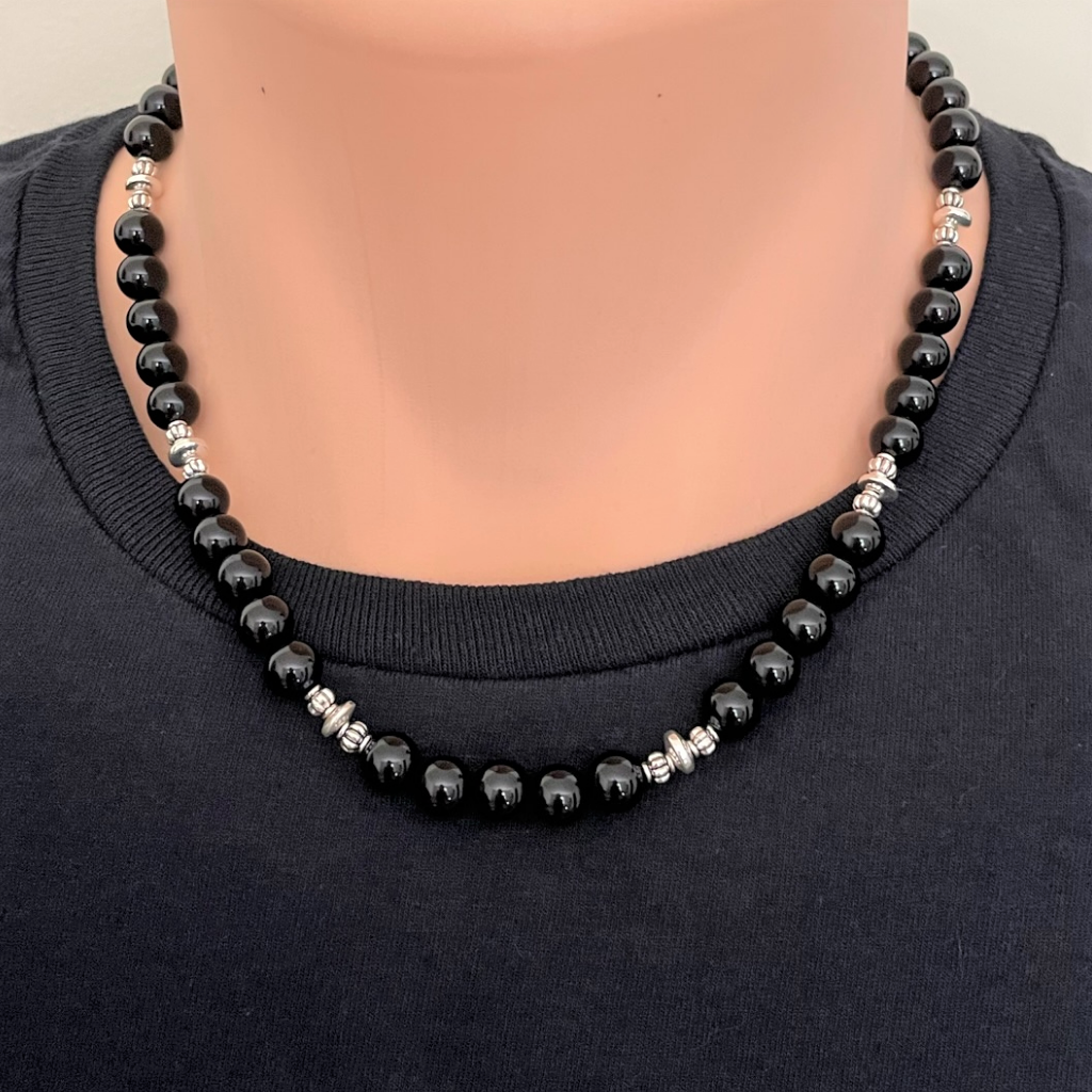Black Onyx Mens Beaded Necklace with Silver Beads