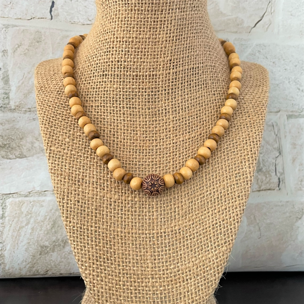 Mens Beige and Brown Wood Beaded Necklace