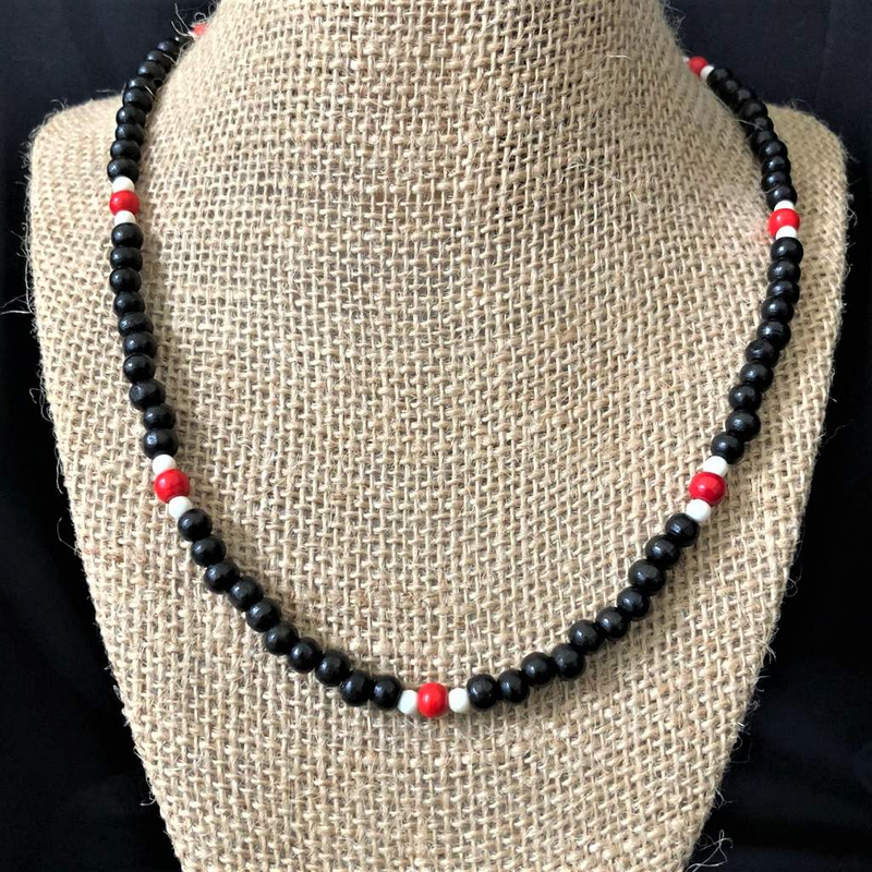 Mens Black Red and White Wood Beaded Necklace-Black,mens,Wood