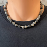 Black and White Agate and Black Lava Mens Beaded Necklace