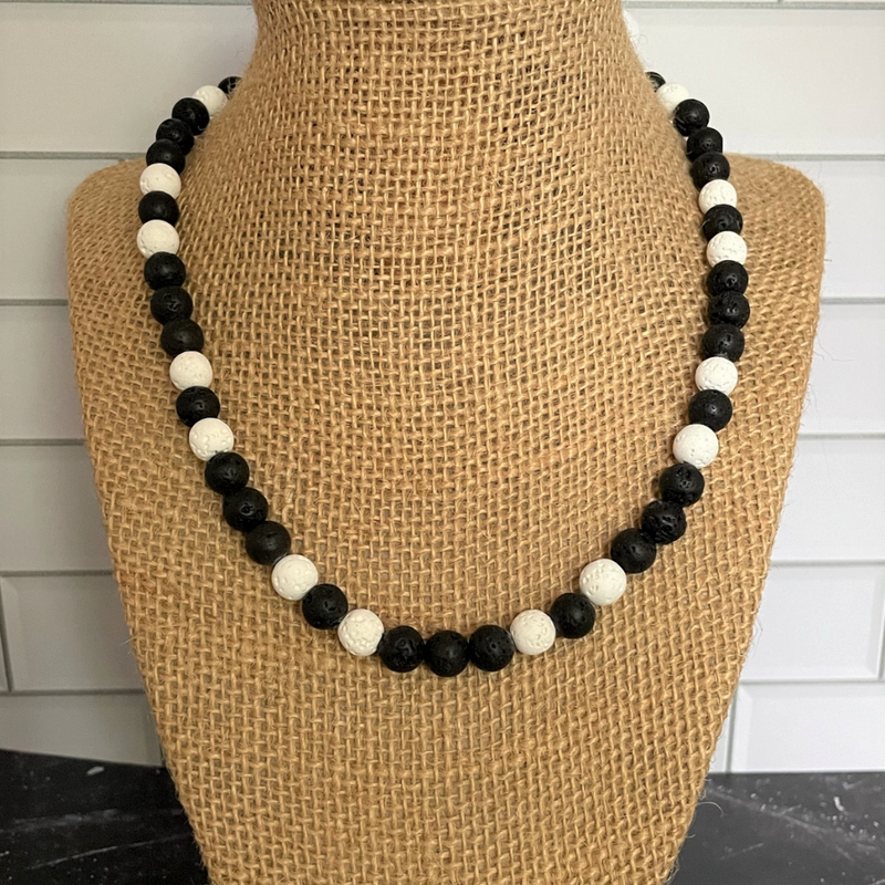 Black and White Lava Mens Beaded Necklace