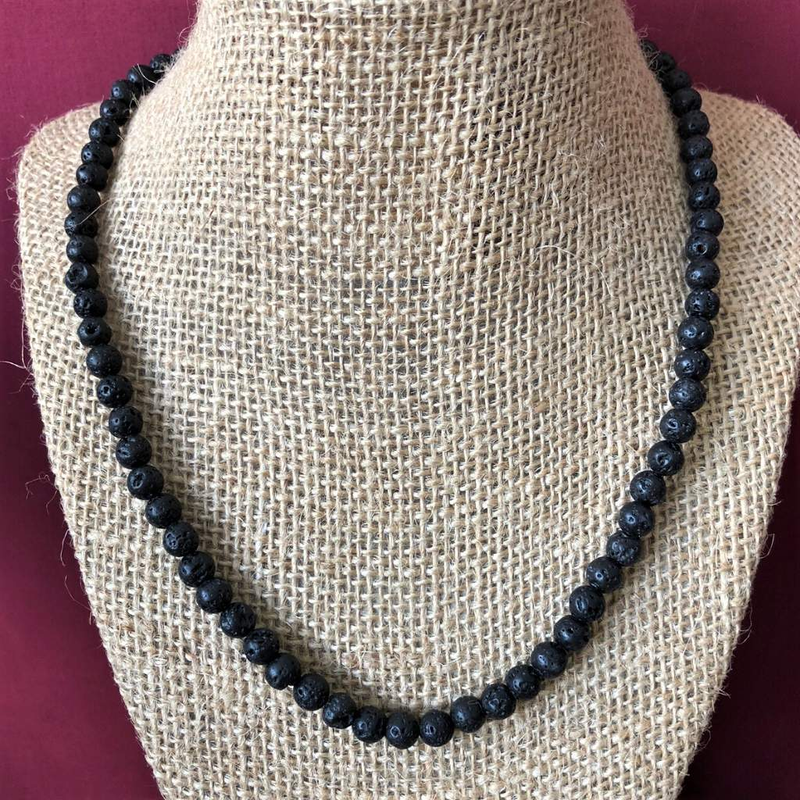 Mens Black Lava 6mm Beaded Necklace-Beaded Necklaces,Black,Lava,Mens