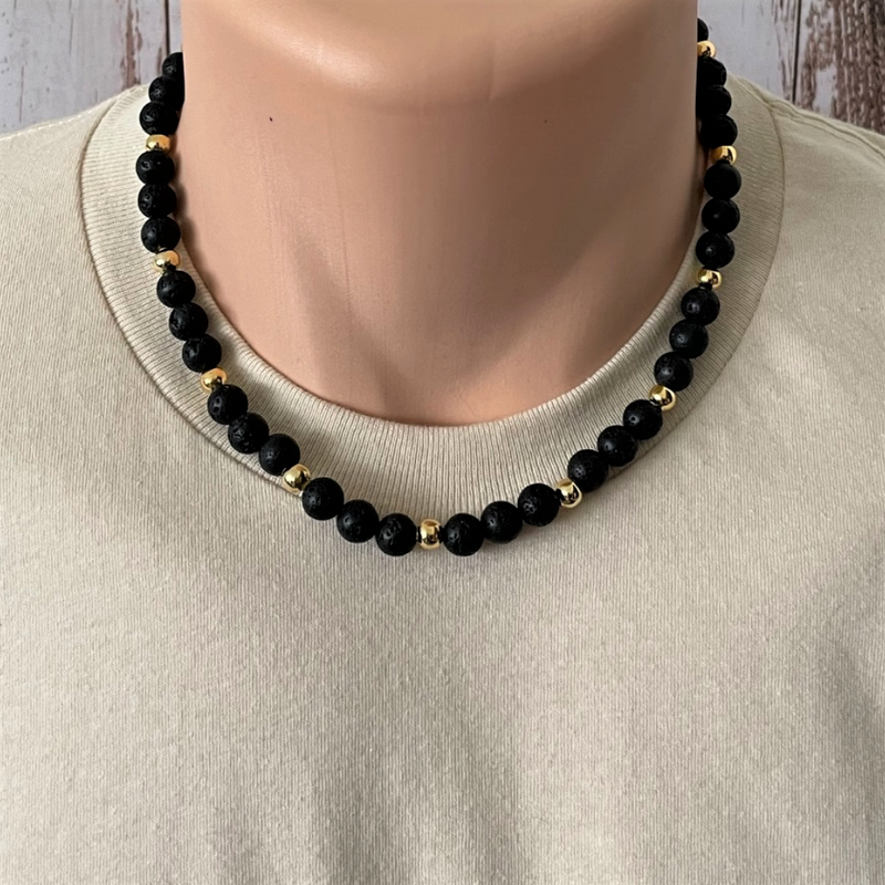 Black Lava and Gold Round Beaded Mens Necklace