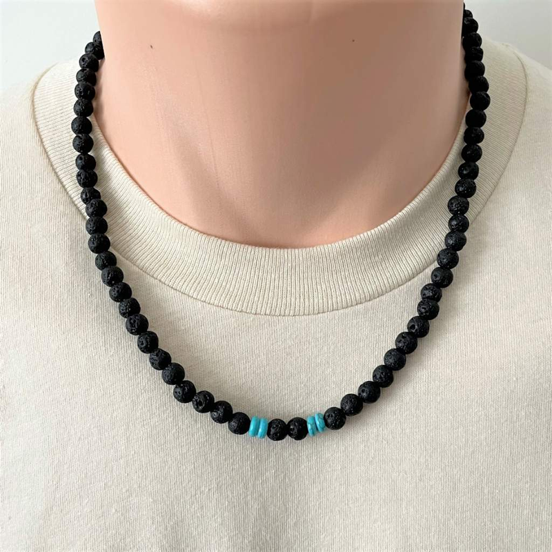 Black Lava and Turquoise Howlite Mens Beaded Necklace-Black,Lava,mens,Necklaces,Turquoise
