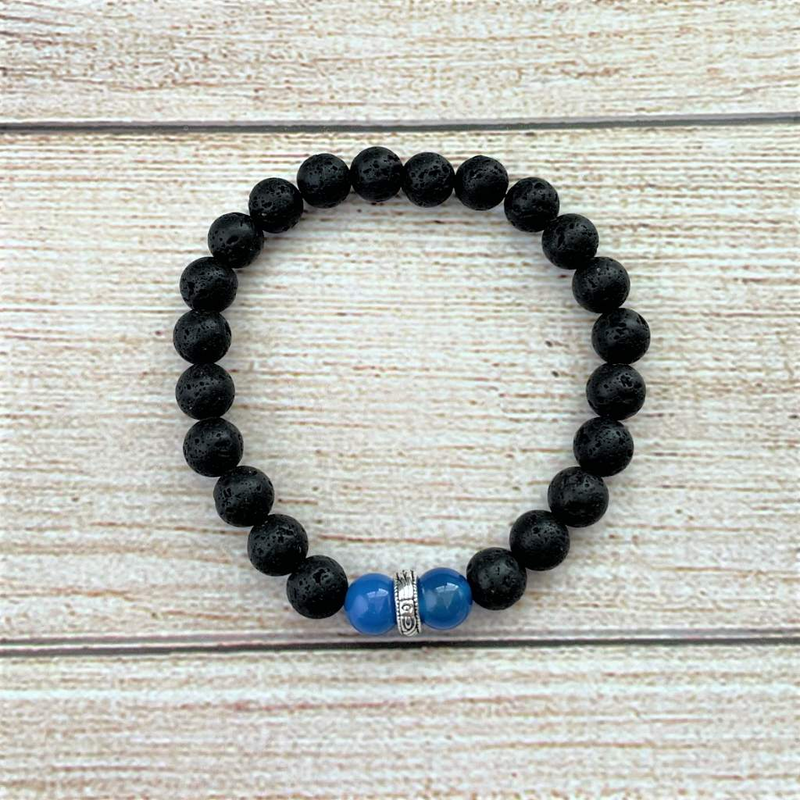 Black Lava and Blue Agate 8mm Men's Beaded Stretch Bracelet.