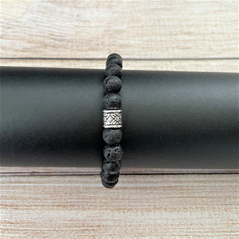 Black Lava Beaded Mens Bracelet with Silver Bead-Beaded Bracelets,Black,bracelets,Lava,mens