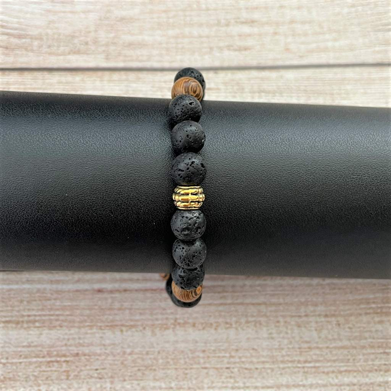Mens Black Lava and Wood Beaded Bracelet-Beaded Bracelets,Black,bracelets,Brown,Lava,mens,Wood