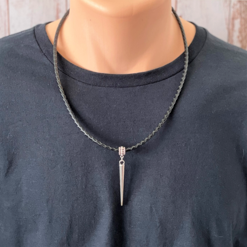 Mens Black Leather Silver Spike Necklace