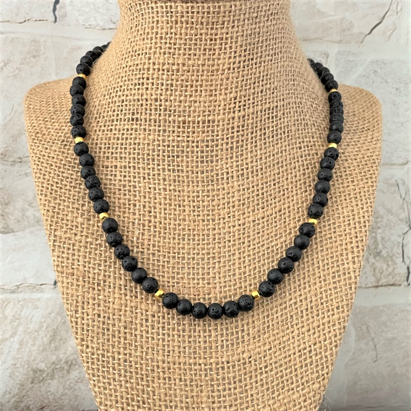 Mens Black Lava 6mm and Gold Beaded Necklace, 22", 24"