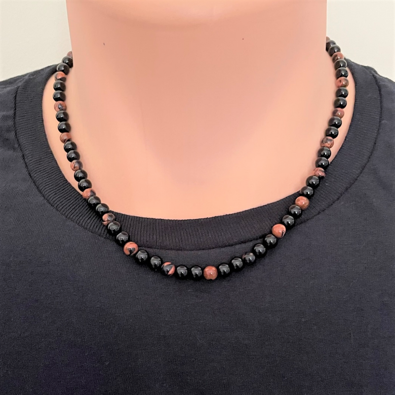 Mens Black Onyx and Goldstone Beaded Necklace