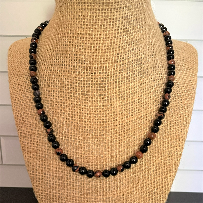 Mens Black Onyx and Goldstone Beaded Necklace