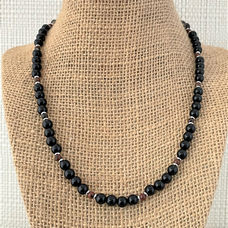 Black Onyx and Mahogany Obsidian Beaded Mens Necklace, brown, silver