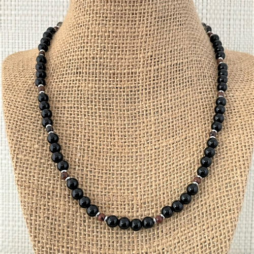 Black Onyx and Mahogany Obsidian Beaded Mens Necklace