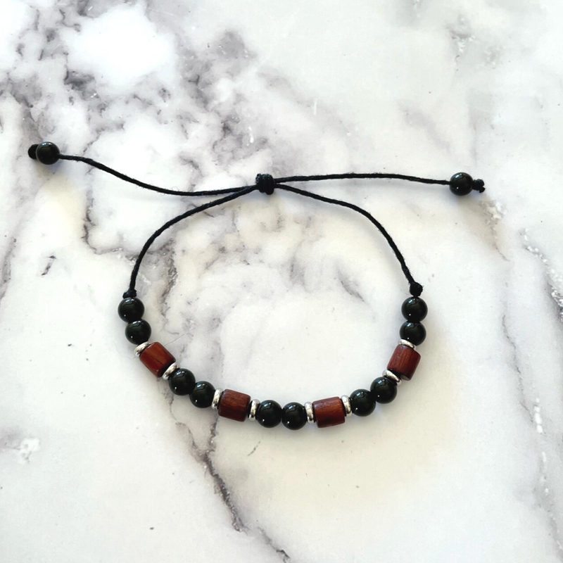 Mens Black Onyx and Rosewood Beaded Adjustable Bracelet.