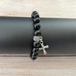 Black Onyx Mens Beaded Bracelet with Silver Cross-Beaded Bracelets,Black,Black Onyx,Cross,mens,Religious,Saint