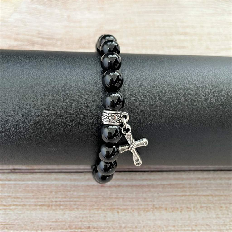 Black Onyx Mens Beaded Bracelet with Silver Cross-Beaded Bracelets,Black,Black Onyx,Cross,mens,Religious,Saint