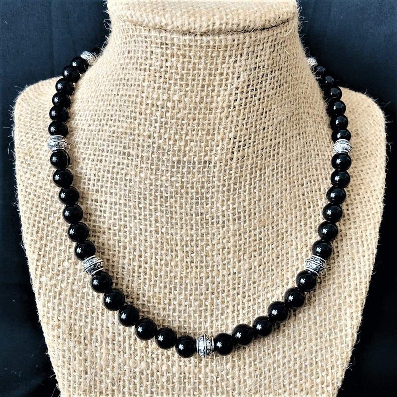 Mens Black Onyx and Silver Barrel Beaded Necklace-Beaded Necklaces,Black,Black Onyx