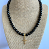 Black Onyx Mens Beaded Necklace with Gold Cross-Black,Black Onyx,Cross,mens,Necklaces,Religious
