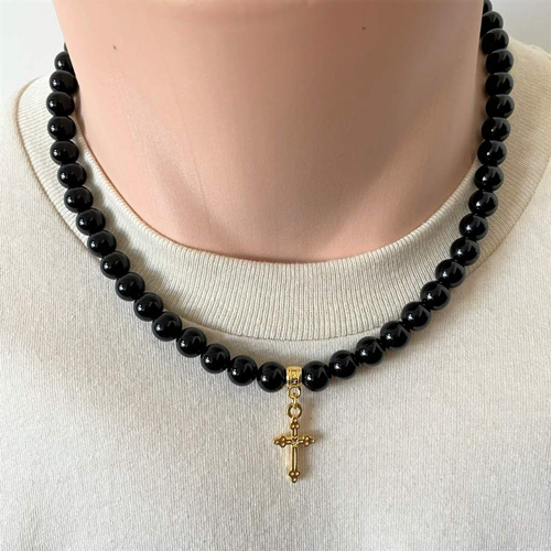 Black Onyx Mens Beaded Necklace with Gold Cross-Black,Black Onyx,Cross,mens,Necklaces,Religious