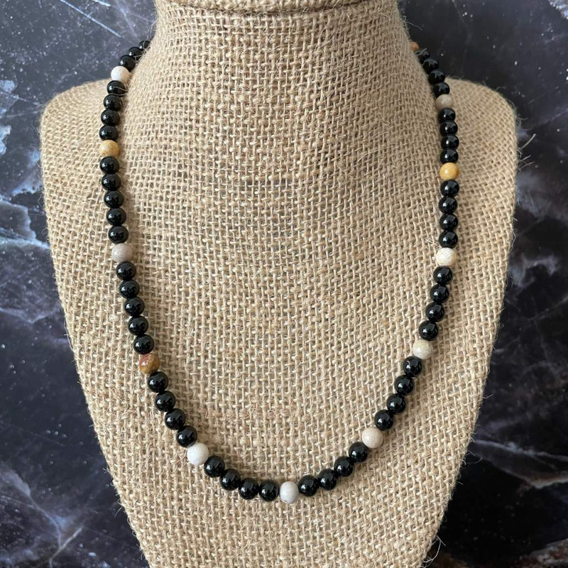 Black Onyx Fossil Jasper Mens Beaded Necklace-Beaded Necklaces,Black,Black Onyx,Brown,mens,Necklaces