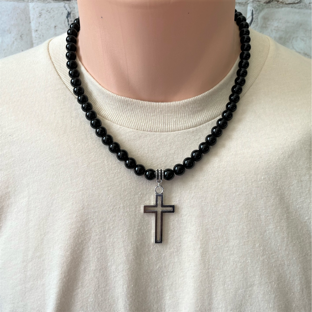 Silver Cross Black Onyx Mens Beaded Necklace