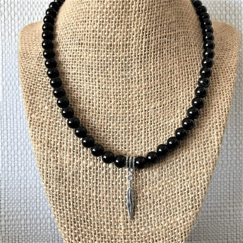 Mens Black Onyx and Silver Feather Beaded Necklace-Beaded Necklaces,Black,Black Onyx,mens,Necklaces
