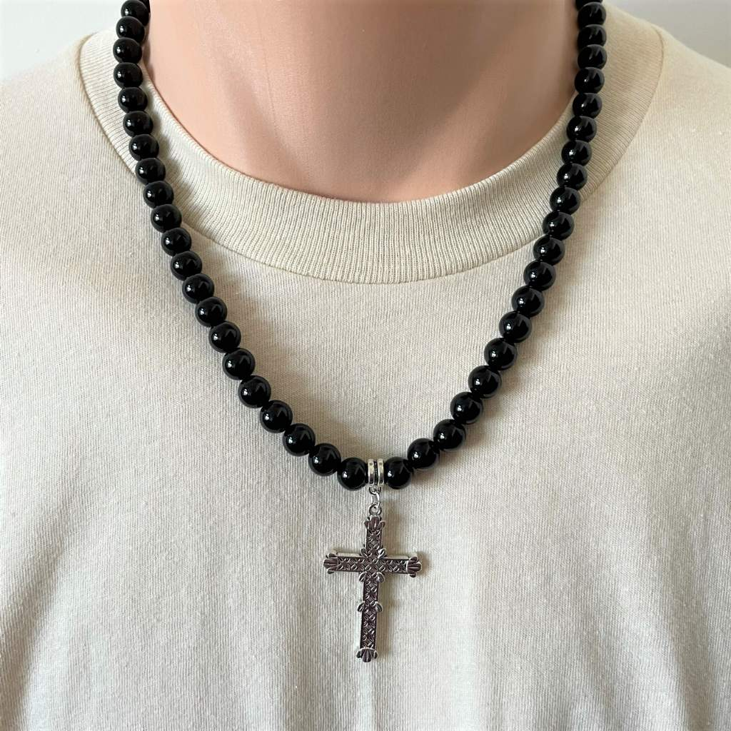 Mens Black Onyx and Large Silver Cross Beaded Necklace-Beaded Necklaces,Black,Black Onyx,Cross,mens,Necklaces,Religious,Saint