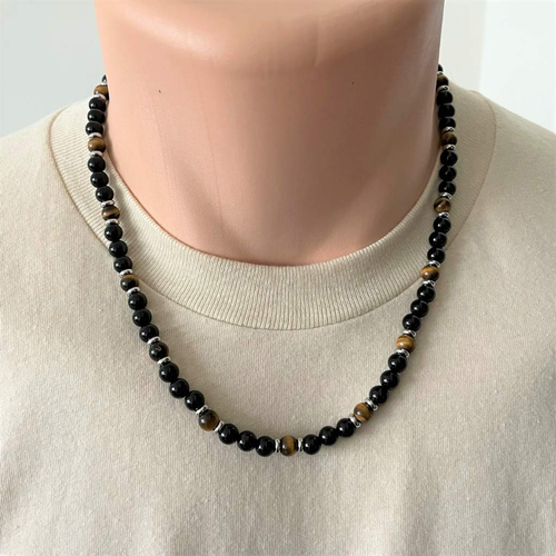 Black Onyx and Tigers Eye Beaded Mens Necklace-Beaded Necklaces,Black,Black Onyx,Brown,mens,Necklaces