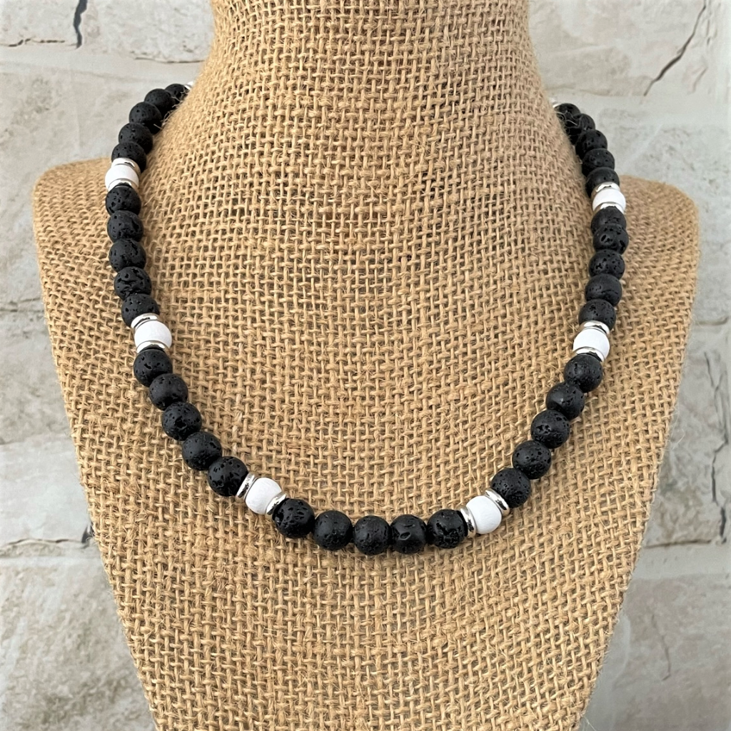 Black Lava and White Wood Mens Beaded Necklace