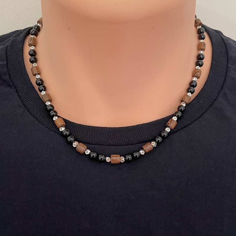 Black Onyx, Browb Wood, and Silver Mens Beaded Necklace 18" 20" 22"